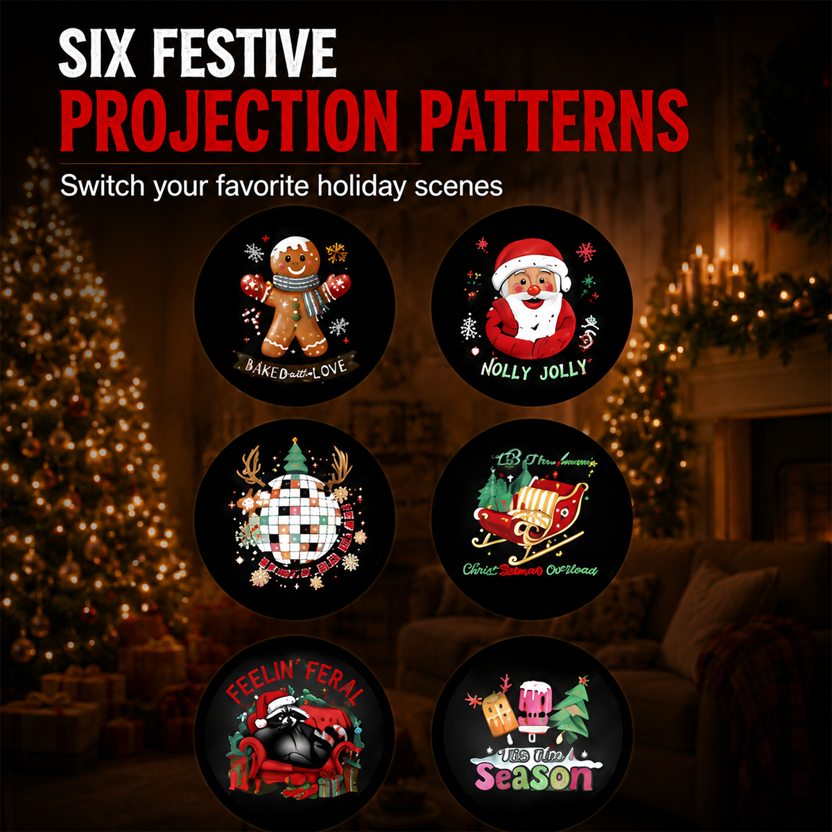 Christmas projection disc designs shown as round artworks over a dark Christmas living room