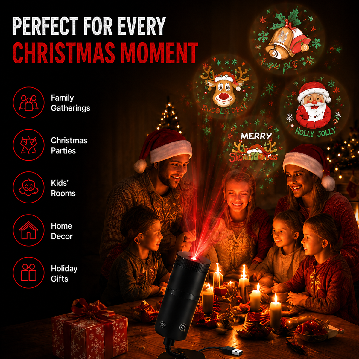 Christmas projector light on a candlelit table casting Rudolph, Santa and bells scenes onto the wall during a family gathering