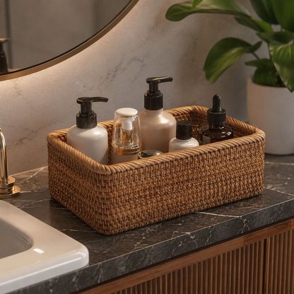 A rattan storage basket of pump bottles and serums on a dark marble counter beside the sink