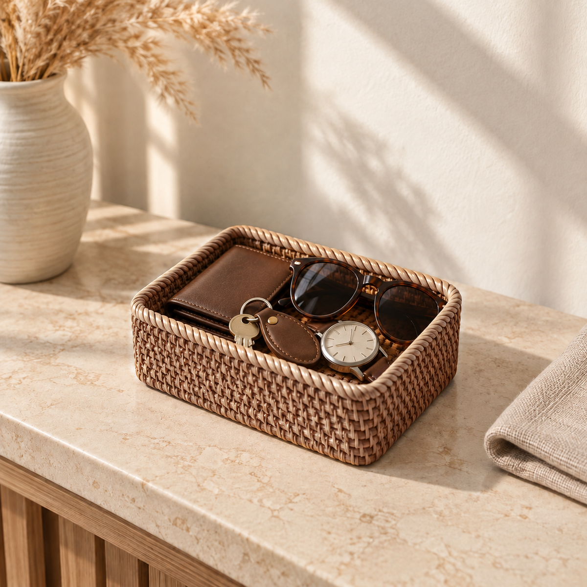 Small rattan storage basket on a stone hall console holding a leather wallet, keys, a watch and sunglasses