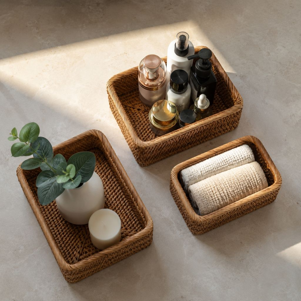 Three rattan storage baskets seen from above on pale stone, holding toiletries, rolled towels and a vase of eucalyptus