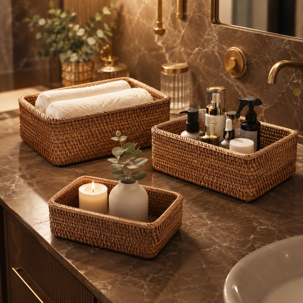 Three rattan storage baskets on a brown marble vanity with rolled towels, toiletries and a candle