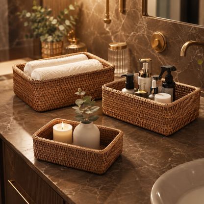 Three rattan storage baskets on a brown marble vanity with rolled towels, toiletries and a candle