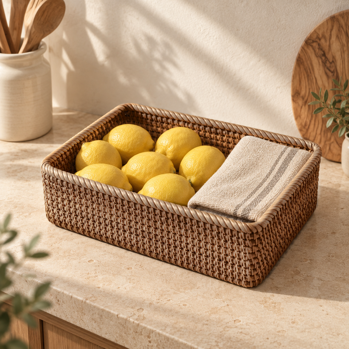 Large rattan storage basket of lemons and a linen dish towel on a cream stone kitchen counter