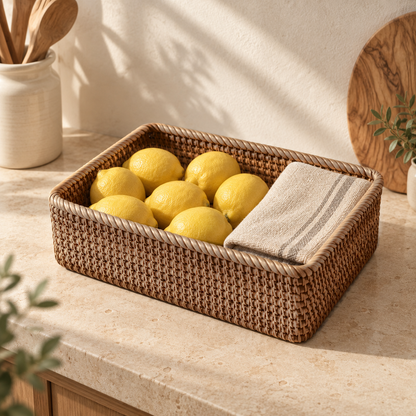 Large rattan storage basket of lemons and a linen dish towel on a cream stone kitchen counter