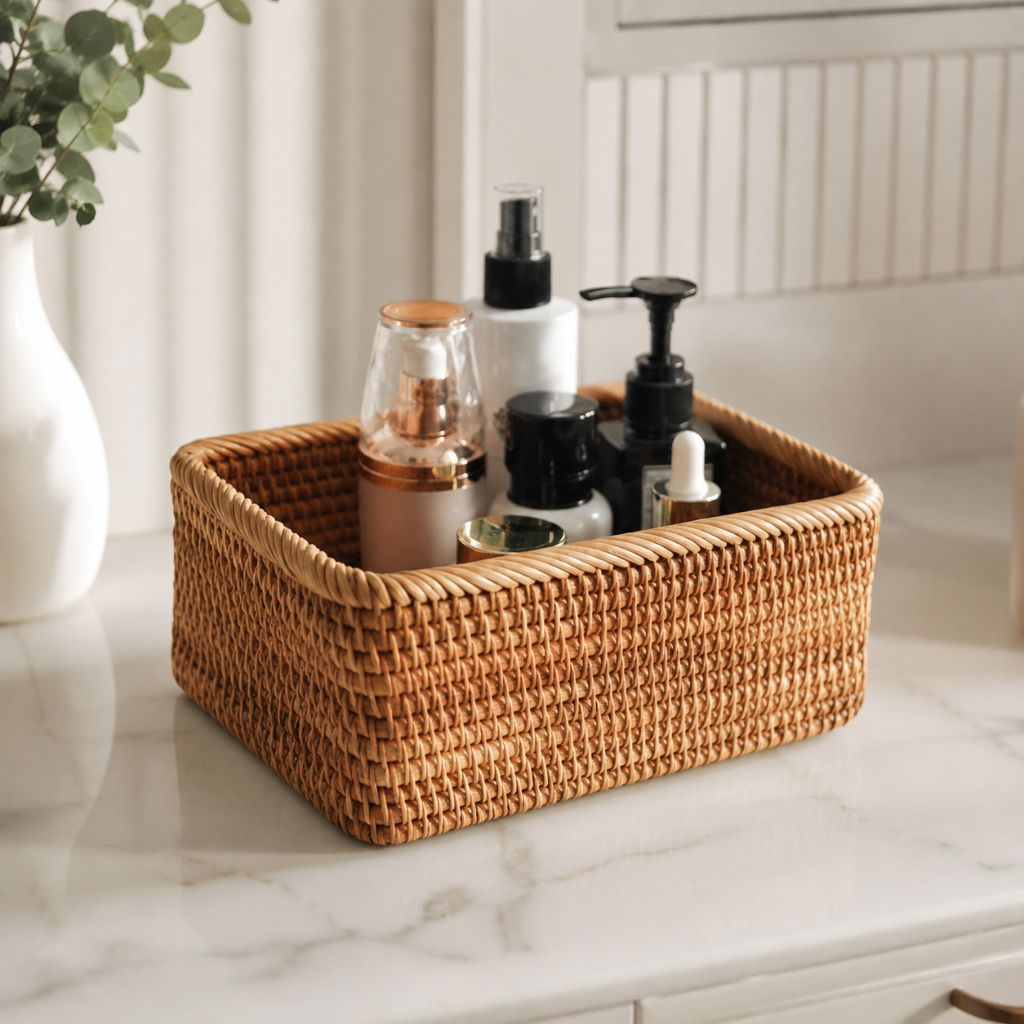 A rattan storage basket holding toiletry bottles on a white marble counter
