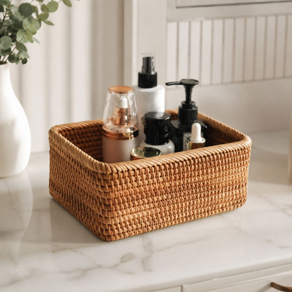 A rattan storage basket holding toiletry bottles on a white marble counter