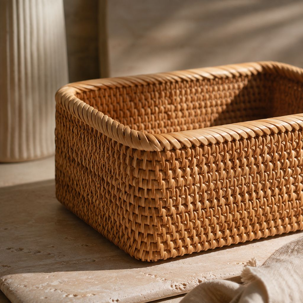 Close-up of a rattan basket corner, showing the rope-wrapped rim and the rows of the woven wall