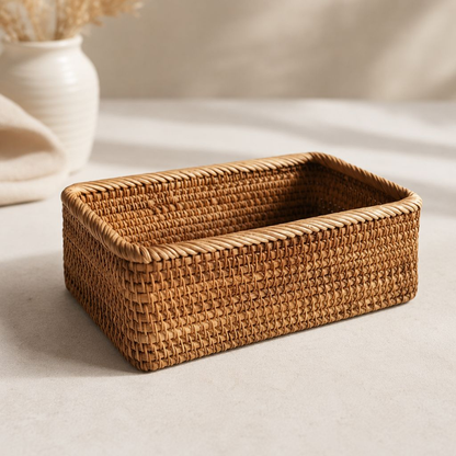 Small rattan storage basket, empty, on a pale stone surface