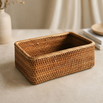 Medium rattan storage basket, empty, on a pale stone surface