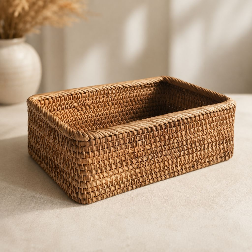 Large rattan storage basket, empty, on a pale stone surface