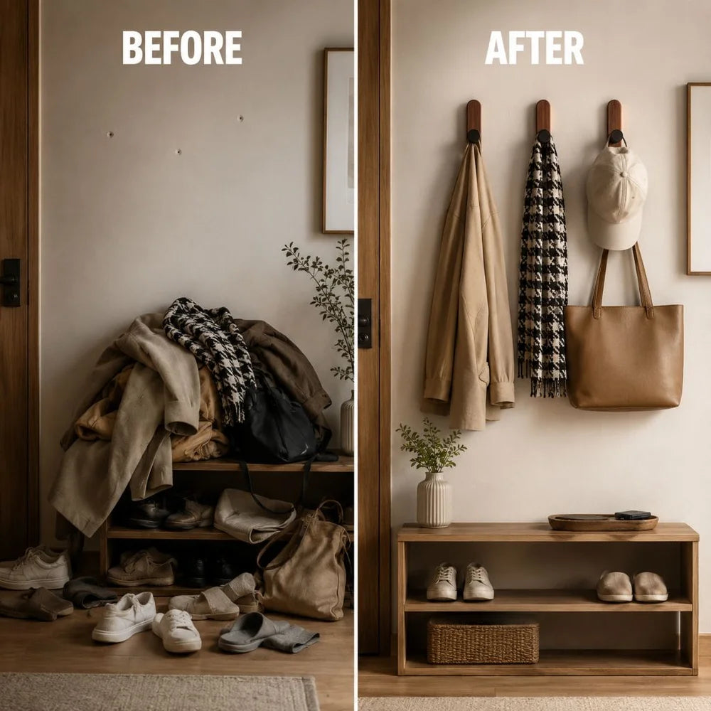 Before and after of a hallway: a pile of coats and bags, then the same things hung on three walnut wall hooks