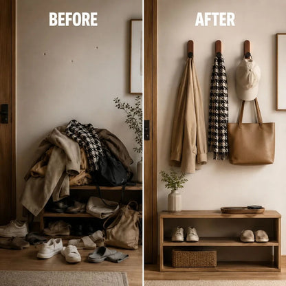 Before and after of a hallway: a pile of coats and bags, then the same things hung on three walnut wall hooks