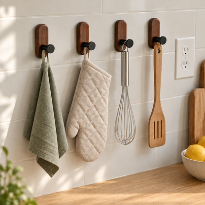 Four walnut wall hooks on a kitchen backsplash holding a tea towel, an oven mitt, a whisk and a wooden spatula above a clear counter