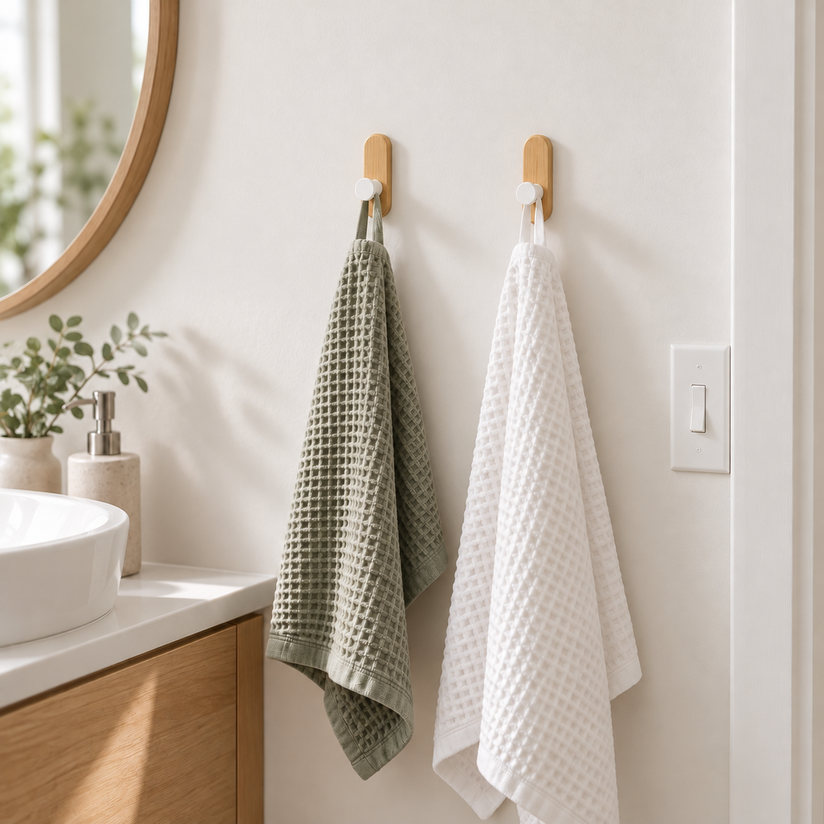 Two light wood wall hooks with white pegs on a bathroom wall beside the sink, holding a hand towel and a bath towel