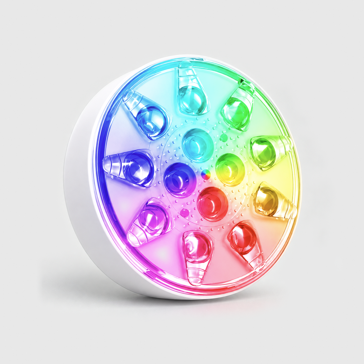 Rechargeable pool light glowing in rainbow colors on a gray background, nine teardrop LEDs around four center LEDs