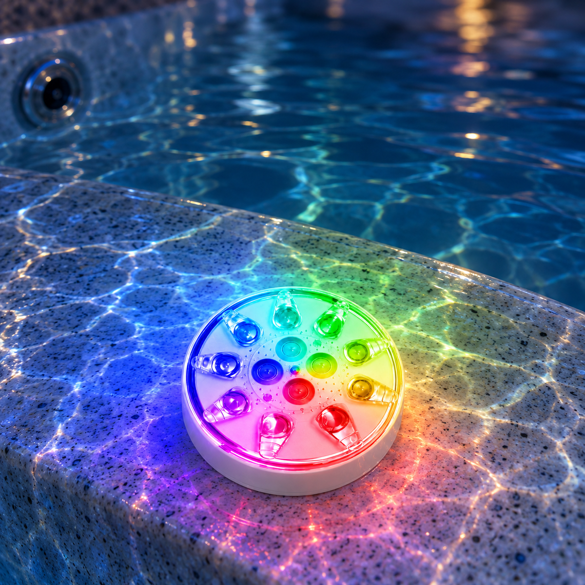 Rechargeable LED pool light glowing on the submerged seat of a hot tub at dusk