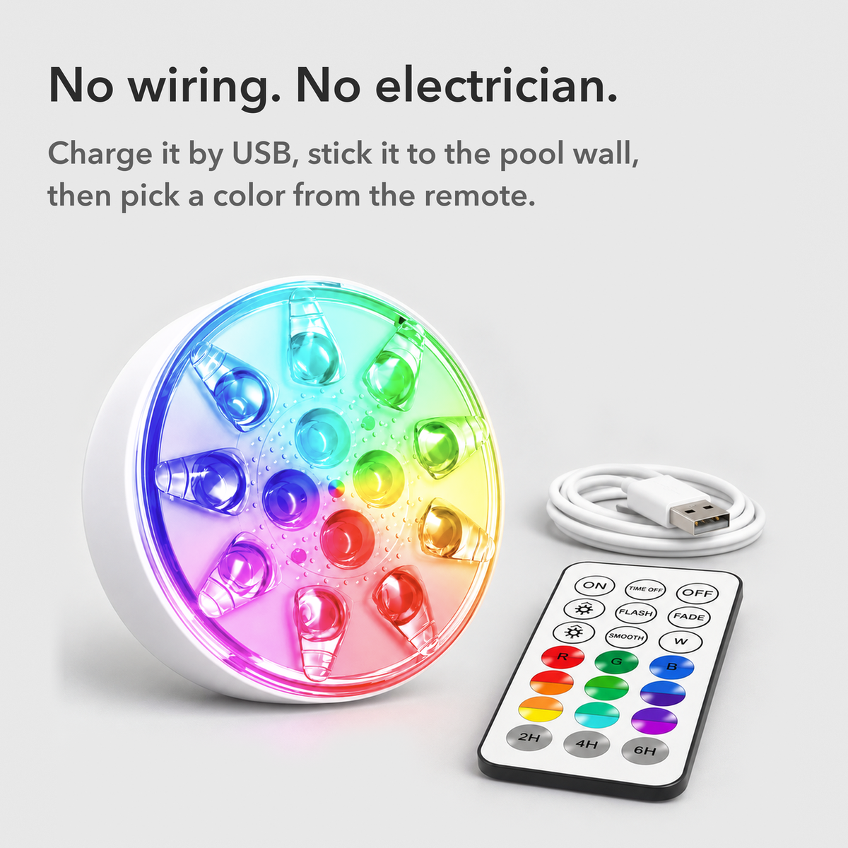 No wiring, no electrician: rechargeable pool light shown with its remote control and USB charging cable