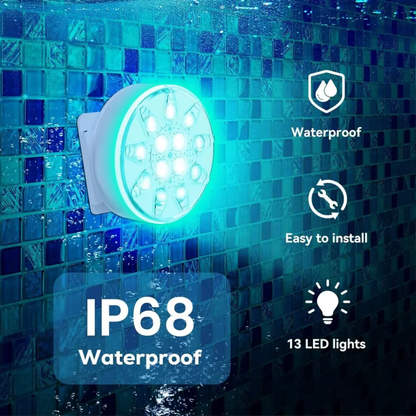 Pool light glowing teal on an underwater mosaic tile wall, with icons for IP68 waterproof, easy to install and 13 LED lights