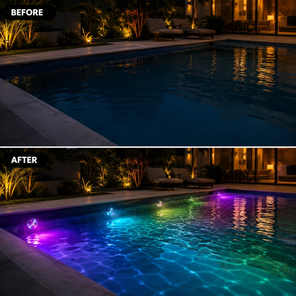 Before and after: a dark swimming pool at night, then the same pool lit purple, blue and green by submersible pool lights
