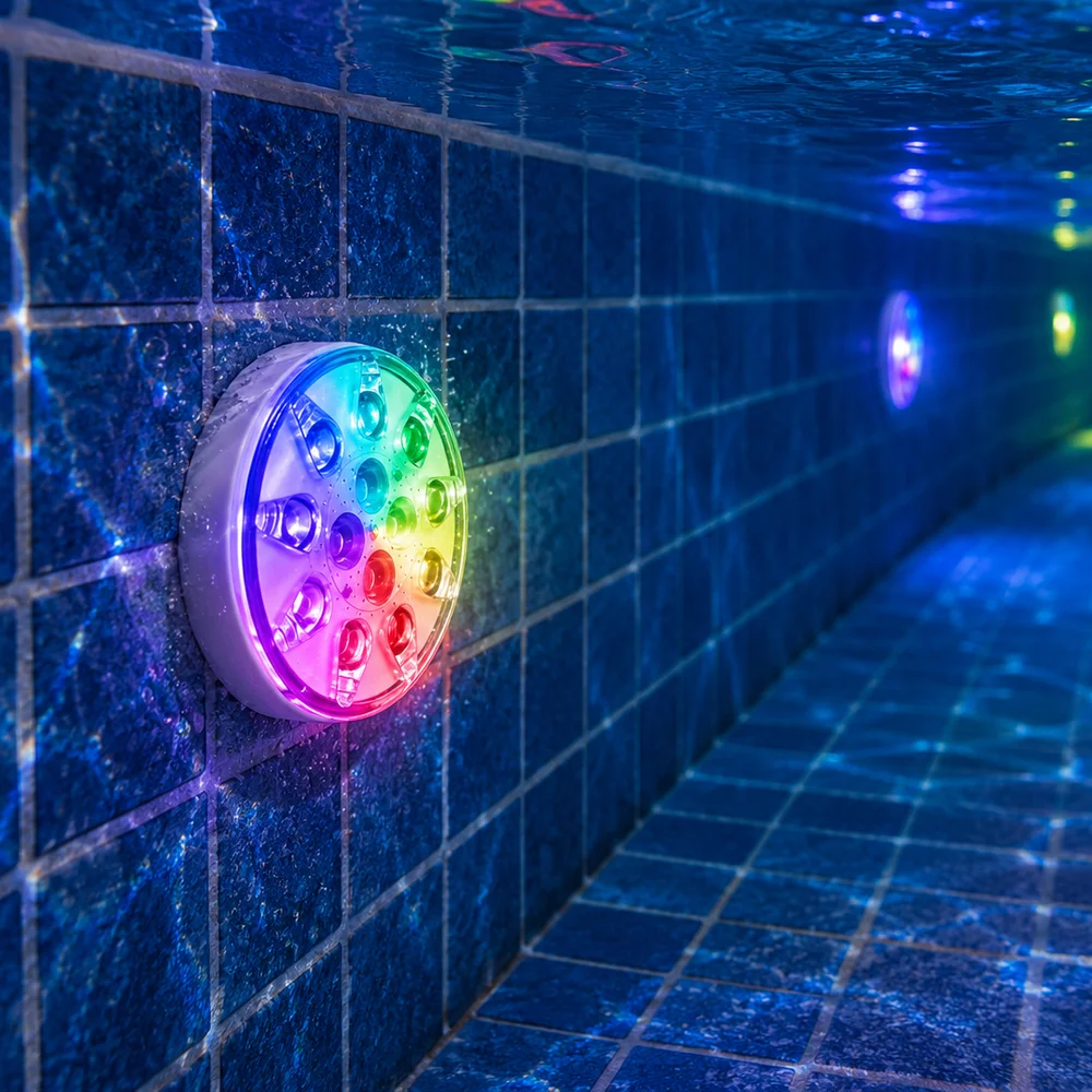 Rechargeable pool light mounted on a blue tiled pool wall under the water, its LEDs lit in a spread of colors