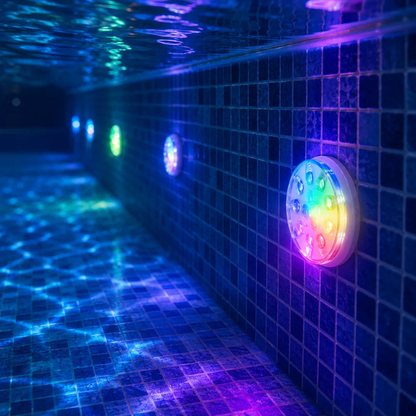 Row of submersible pool lights glowing along an underwater pool wall