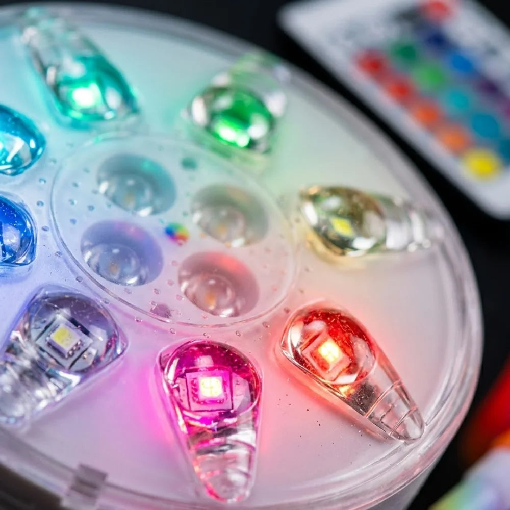 Close-up of the pool light's LED lenses, each with a square LED chip inside