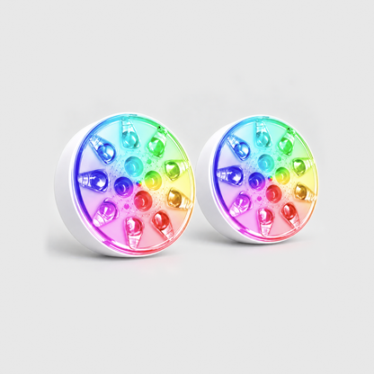 Two rechargeable pool lights side by side on a gray background, both lit