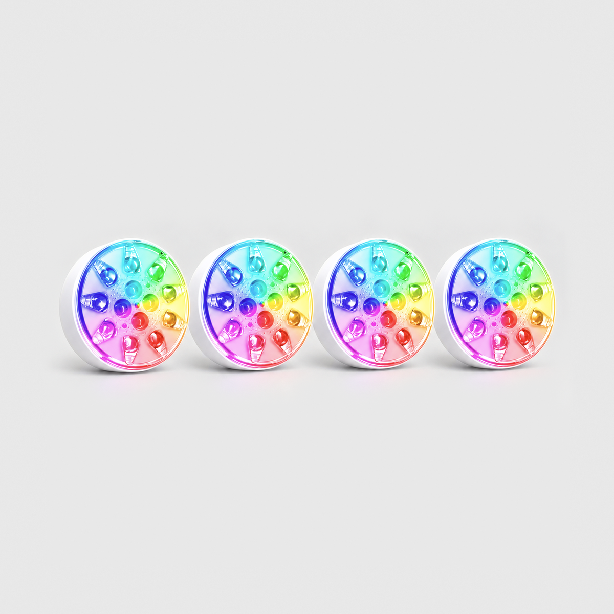 Set of four rechargeable pool lights in a straight row on a gray background, all lit