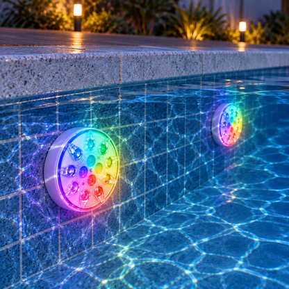 Two rechargeable pool lights glowing in rainbow colors on the tiled wall of a plunge pool at dusk