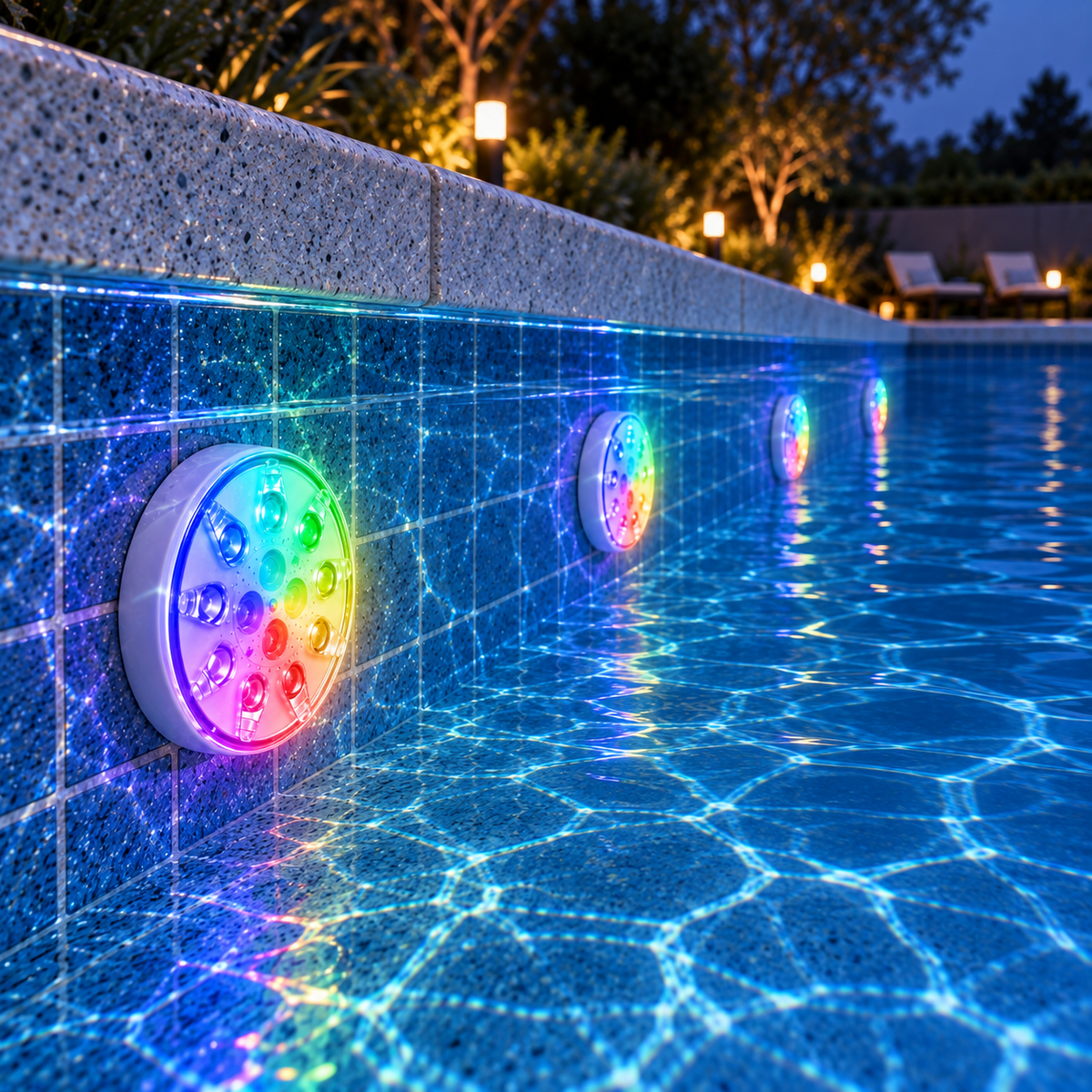 Four rechargeable pool lights glowing in a row along the wall of a backyard pool at dusk