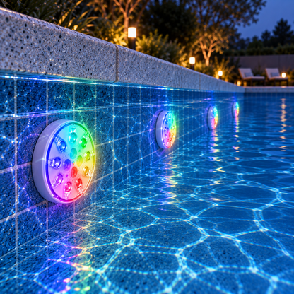 Four rechargeable pool lights glowing in a row along the wall of a backyard pool at dusk