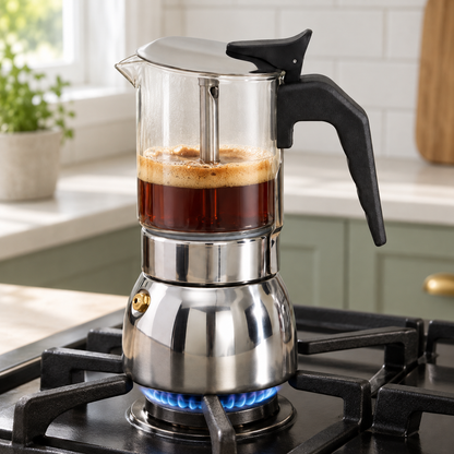 Glass moka pot on a gas burner with brewed coffee and crema visible in the clear upper chamber, in a sage green kitchen