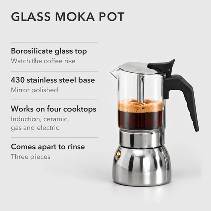 Glass moka pot with coffee in the chamber beside text listing the glass top, steel base, cooktop types and three-piece design