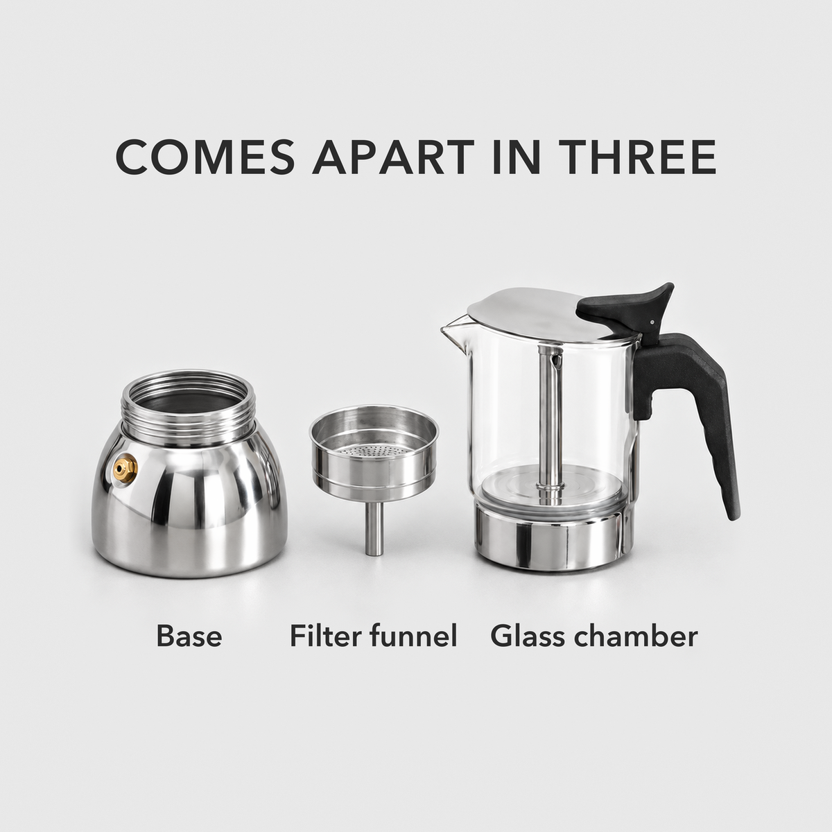 Moka pot taken apart into its stainless steel base, filter funnel and glass upper chamber, each labeled