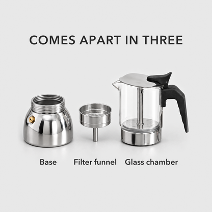 Moka pot taken apart into its stainless steel base, filter funnel and glass upper chamber, each labeled