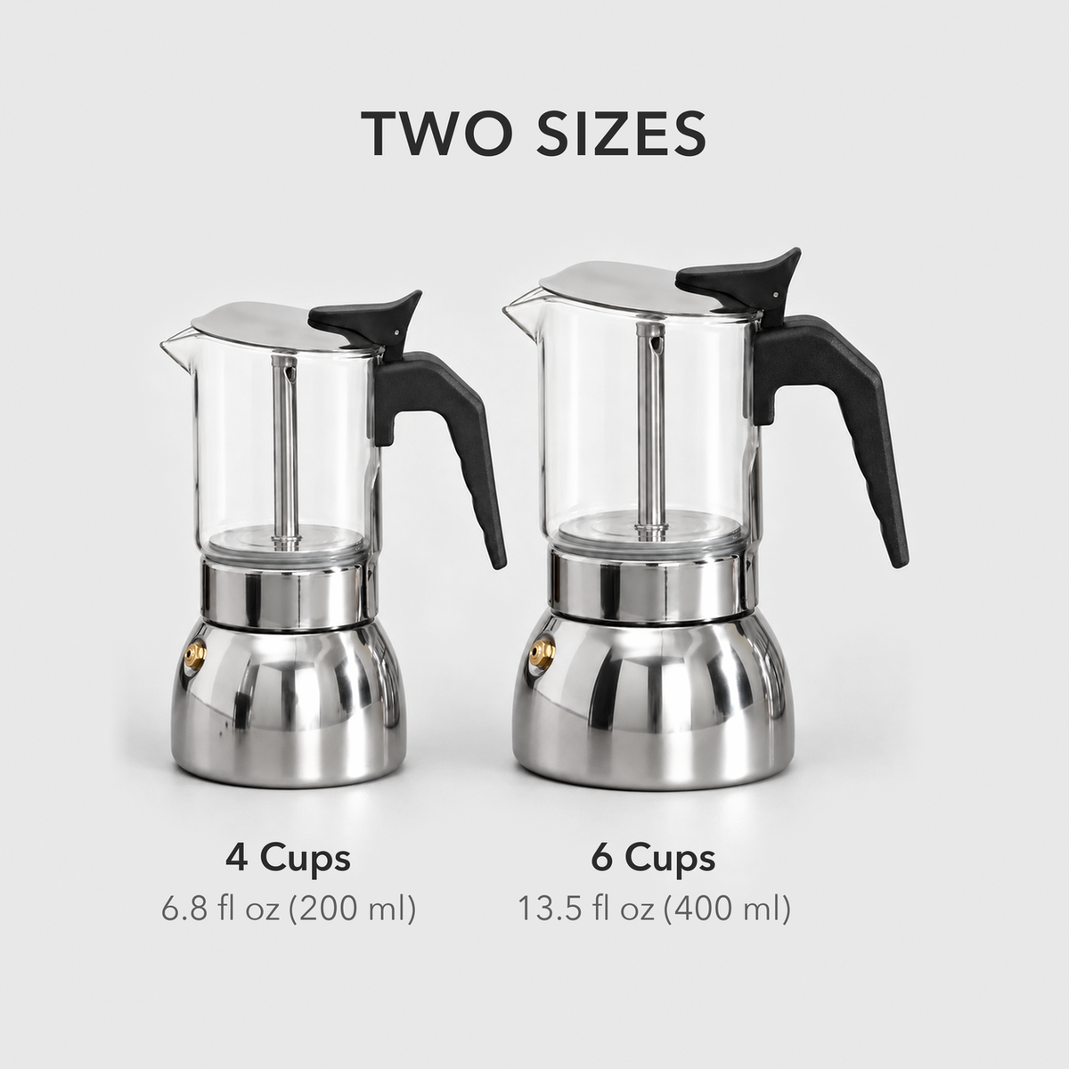 4 cup and 6 cup glass moka pots side by side, labeled 6.8 fl oz and 13.5 fl oz