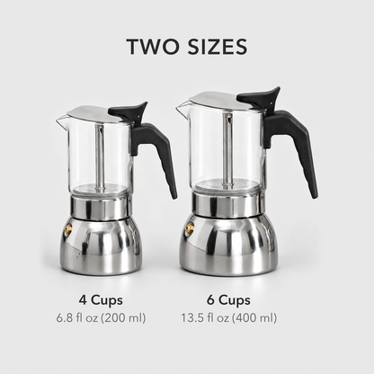 4 cup and 6 cup glass moka pots side by side, labeled 6.8 fl oz and 13.5 fl oz