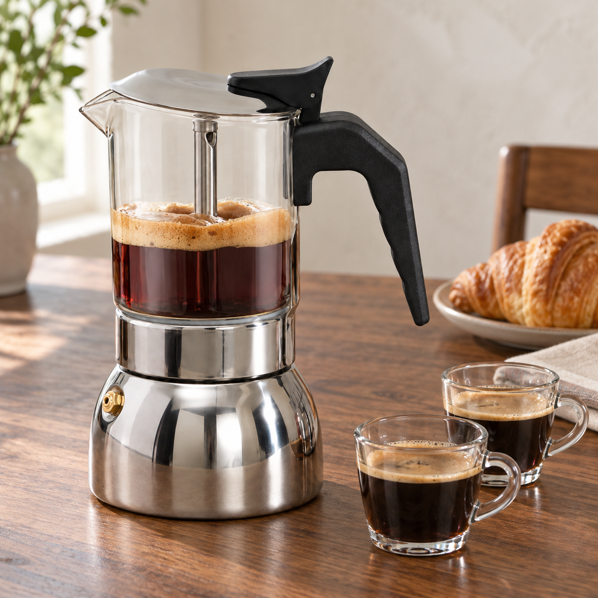 Glass moka pot with brewed coffee on a walnut breakfast table beside two small glass espresso cups