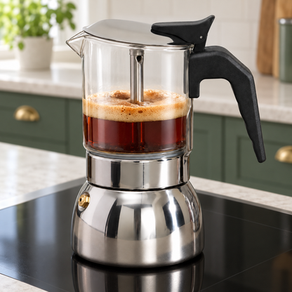 Glass moka pot brewing on a black induction cooktop in a kitchen with deep green cabinets