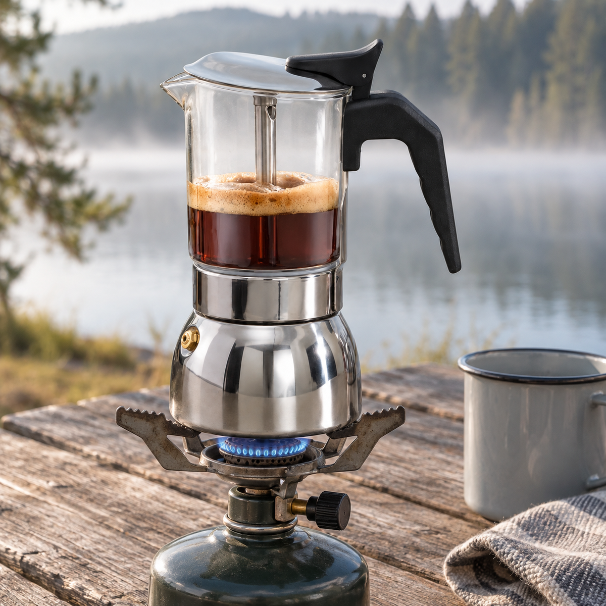 Glass moka pot brewing coffee on a small camping stove on a picnic table by a lake in the morning