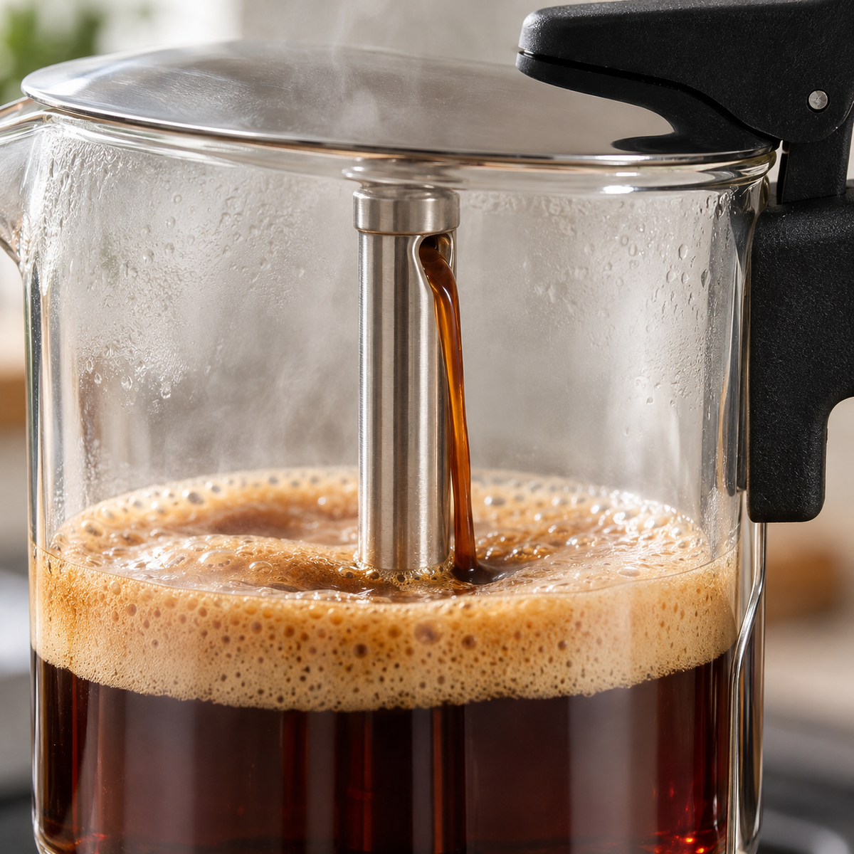 Coffee flowing from the central stem into the glass chamber of a moka pot
