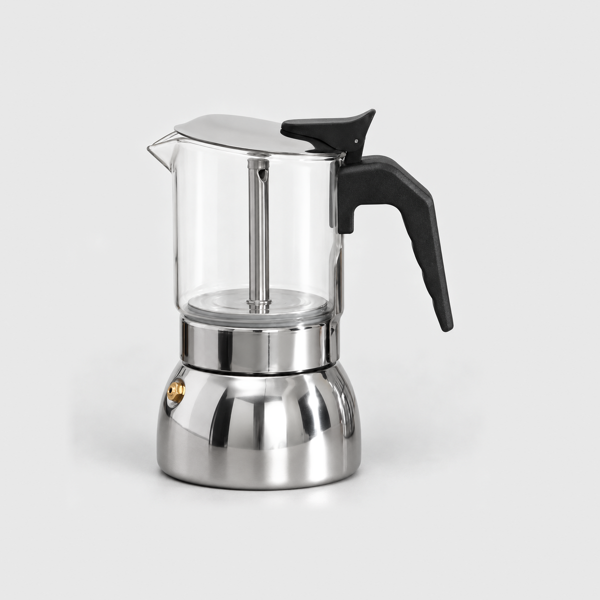 6 cup glass moka pot with a clear upper chamber and polished stainless steel base, on a light gray background