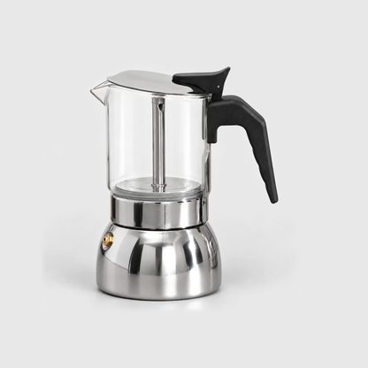 6 cup glass moka pot with a clear upper chamber and polished stainless steel base, on a light gray background
