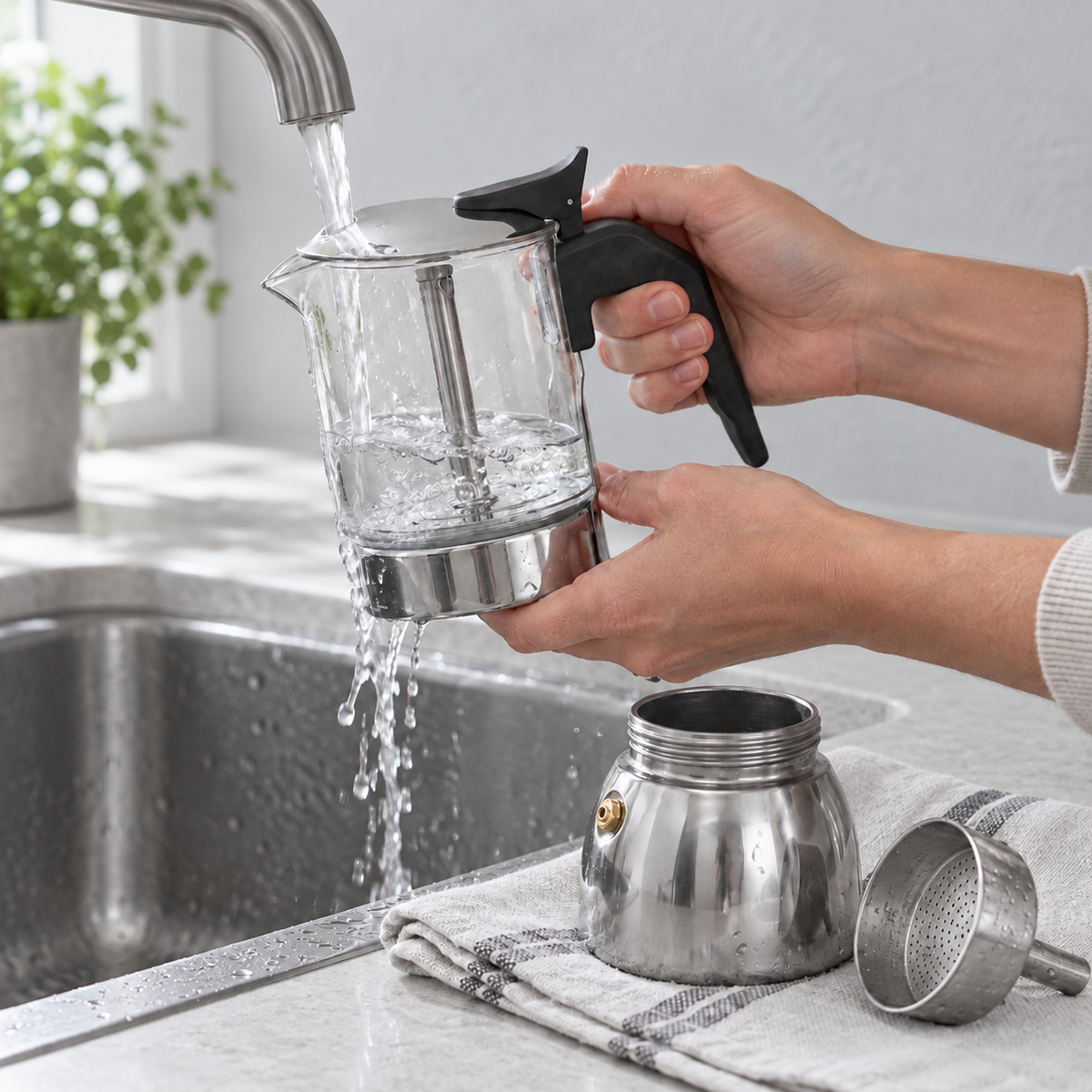 Hands rinsing the glass chamber of the glass moka pot under the kitchen tap, the steel base and filter funnel drying on a tea towel
