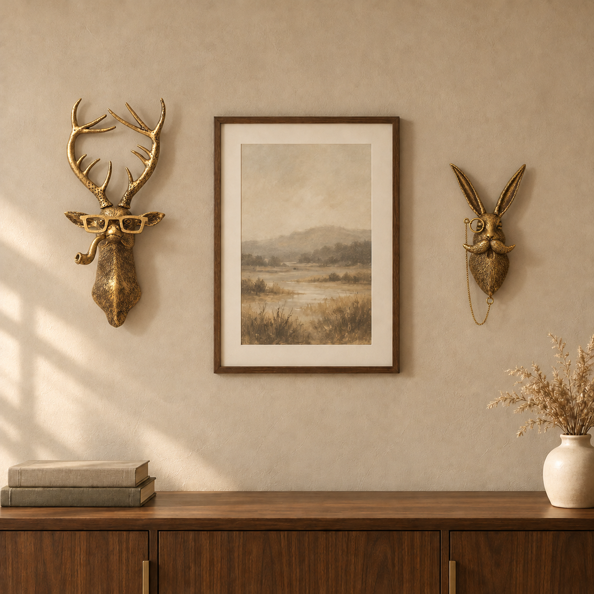 Deer and rabbit head wall sculptures hung either side of a framed print above a walnut sideboard in daylight