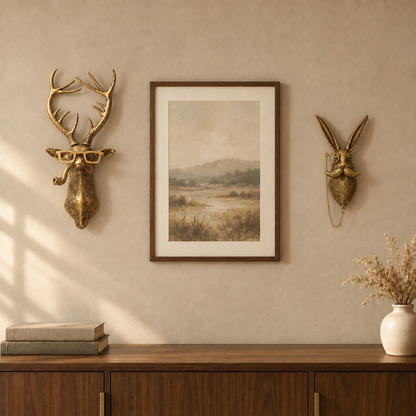 Deer and rabbit head wall sculptures hung either side of a framed print above a walnut sideboard in daylight