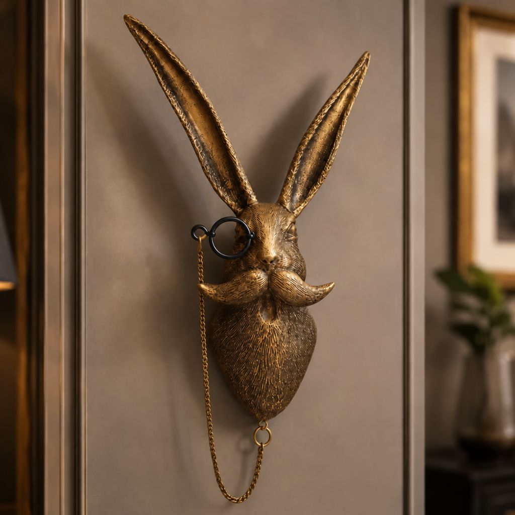Rabbit head wall sculpture with a monocle on a chain and a curled mustache on a taupe paneled wall