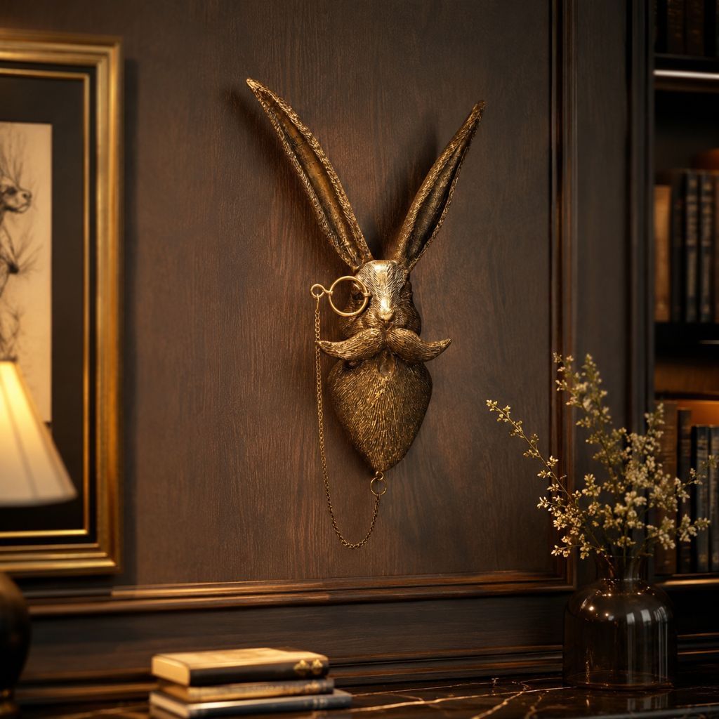 Gold-tone rabbit head sculpture on a dark wood-paneled wall above a shelf of books
