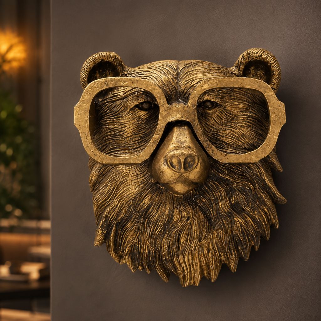 Close view of the bear head wall sculpture with oversized glasses and a shaggy mane